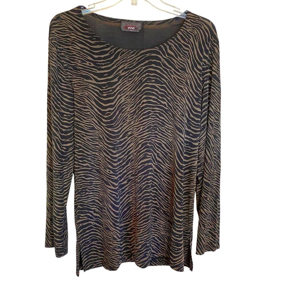 Vintage Vic Womens Zebra Print Stretch Black & Tan Top Size M Goth Dark Academia